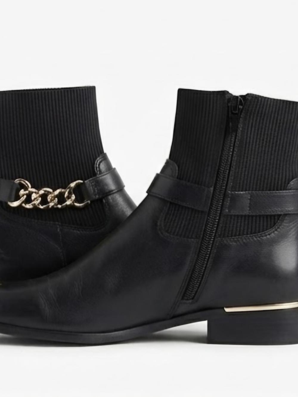 Classy Elegant Black Women's Leather Ankle Sock Boots Gold Chain & Heel Accents